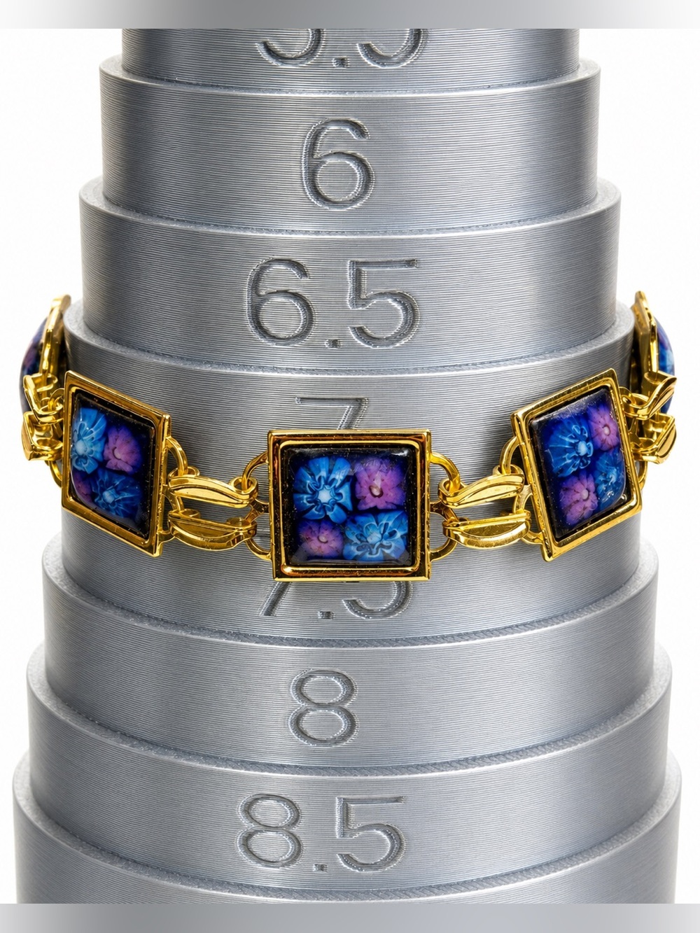 Vintage iA Midas of Spain Blue & Purple Floral Glass Link Bracelet (1960s–1970s)